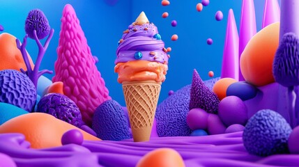 An imaginative ice cream cone standing tall amidst a vibrant and colorful surreal landscape of fantastical shapes and textures
