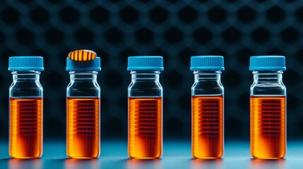 A collection of laboratory glass vials filled with bright orange liquid, showcasing scientific experimentation and precision