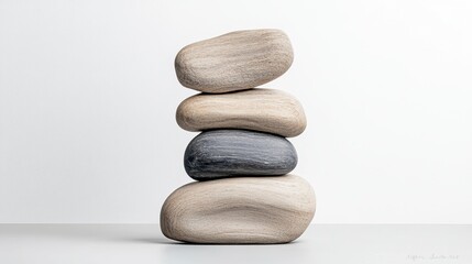 Balanced stones arranged in a modern minimalist style, showcasing harmony, tranquility, and artistic simplicity.