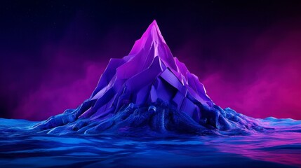 A futuristic mountain rising from the ocean depths, illuminated by vibrant purple and blue hues against a cosmic background
