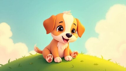 Cute cartoon puppy sitting on green hill against a sunny sky, seamless looping 4k time-lapse animation video background. Animal concept