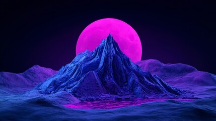 A surreal mountain landscape illuminated by a bright pink moonlight reflecting off a tranquil lake at night