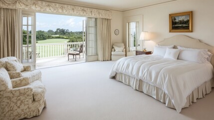 Luxurious bedroom with king-size bed, French doors opening to a balcony overlooking a golf course.