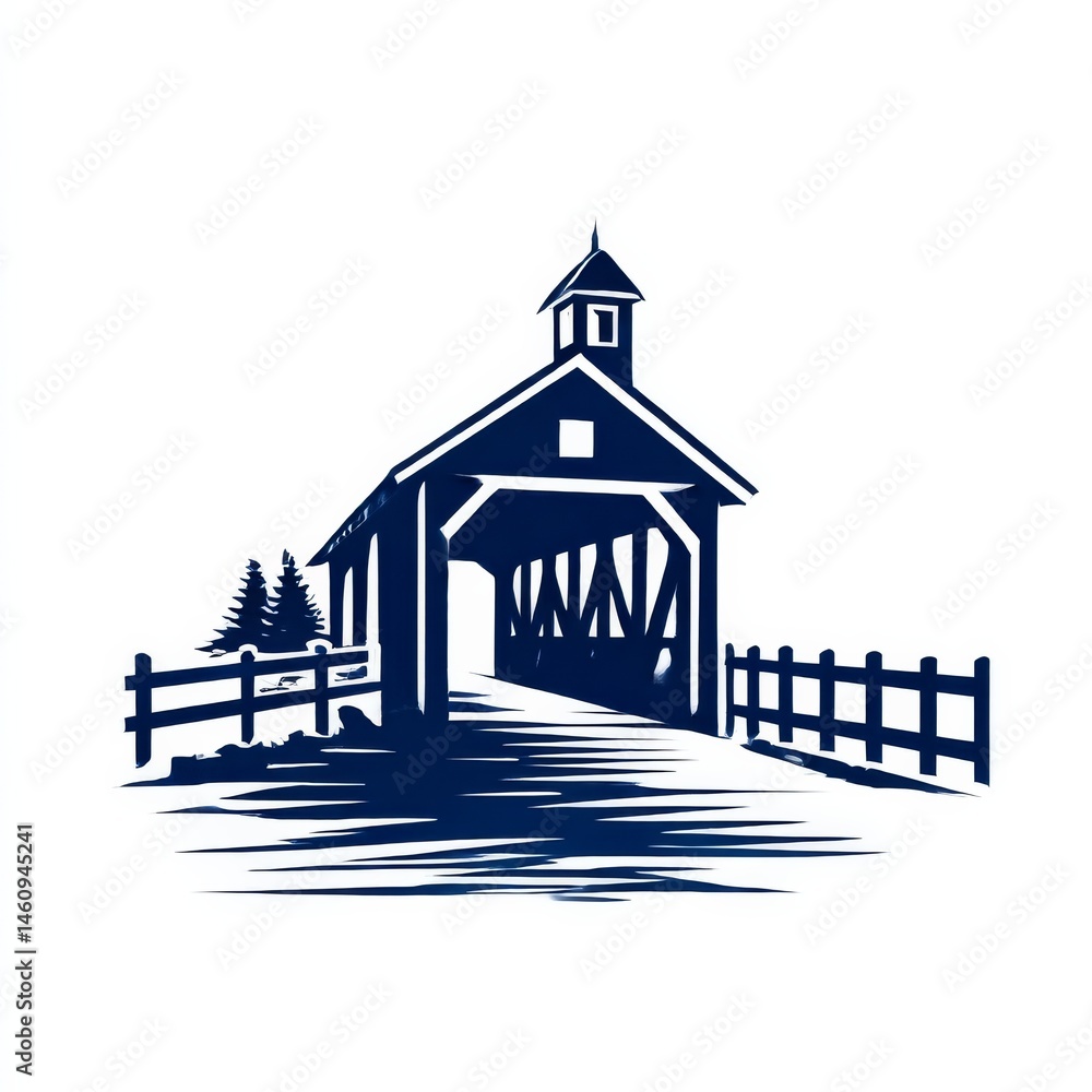 Poster elegant silhouette of a covered bridge with fence and evergreen trees in a minimalist design
