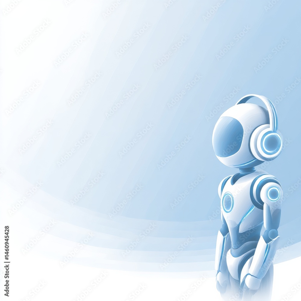 Aufkleber Futuristic Android with Headphones on a Soft Blue Gradient Background, showcasing advanced AI technology and digital design.