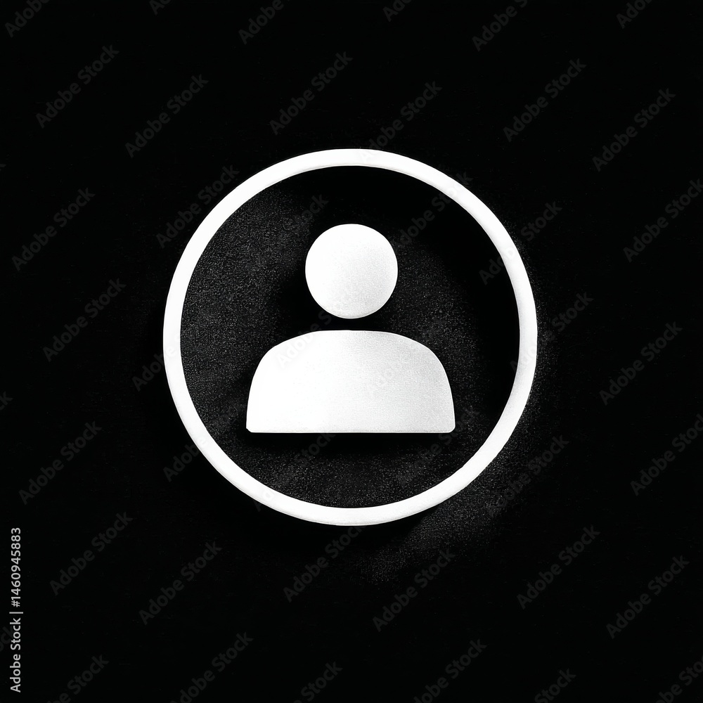 Poster Minimalist White Profile Icon with Circle Outline on Black Background for User Interface Design