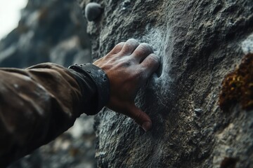 Rock climber gripping a rock face with determination  