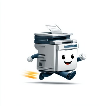 Running to the Office: A Cartoon Printer's Speedy Delivery on a White Background.