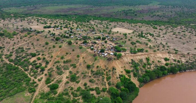Korcho Tribal Village Of Karo Ethnic People On The East Bank of the Omo River, Ethiopia. Aerial Drone Shot