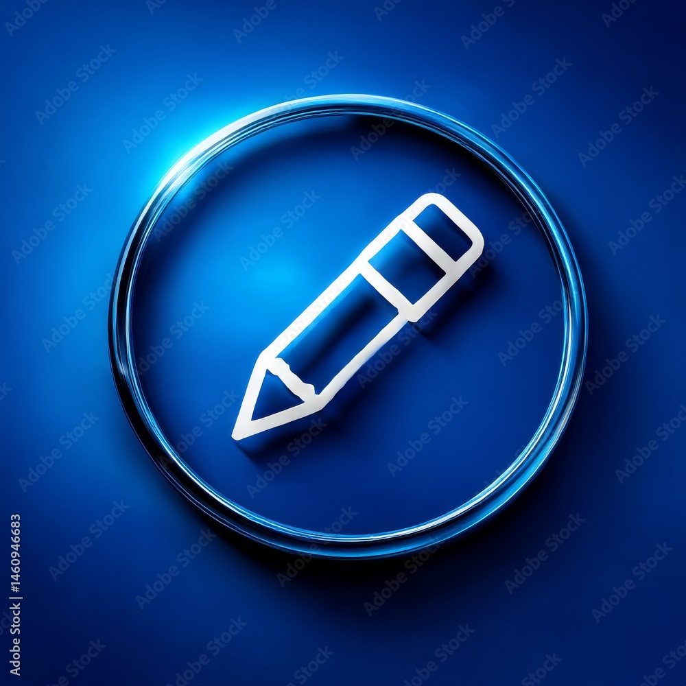 Poster write icon in blue circle - edit symbol for content creation and digital creativity tools.