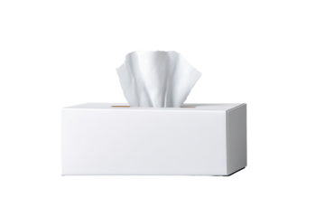 White tissue box with single tissue sheet isolated on transparent background