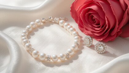 Luxury pearl necklace and sparkling diamond earrings displayed on soft ivory silk fabric, accompanied by a pink rose. Perfect for bridal themes, romantic occasions, or high-end jewelry showcases. Soft