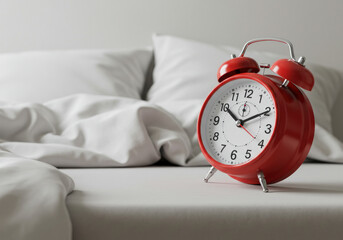 Alarm clock on white sheets.