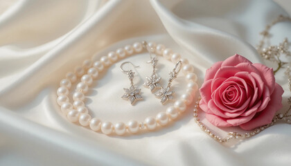 Luxury pearl necklace and sparkling diamond earrings displayed on soft ivory silk fabric, accompanied by a pink rose. Perfect for bridal themes, romantic occasions, or high-end jewelry showcases. Soft