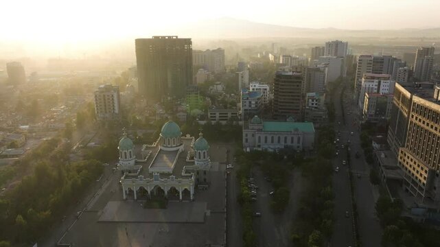 Medhanealem Cathedral At Sunrise In Bole Medhanealem, Addis Ababa, Ethiopia. Aerial Drone Shot