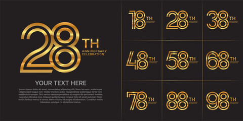 Anniversary logo set with double line number style. golden color can be use for special moment