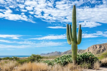 Desert landscape with saguaro cactus under a vibrant sky