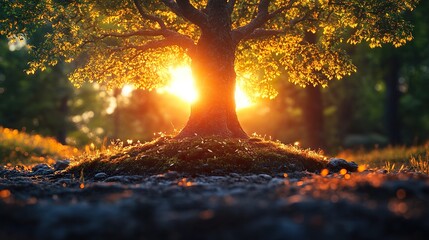 A beautiful tree with sunlight shining through the leaves, casting warm hues on its trunk and roots. 
