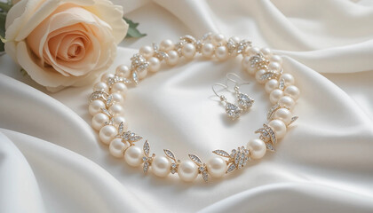 Luxury pearl necklace and sparkling diamond earrings displayed on soft ivory silk fabric, accompanied by a pink rose. Perfect for bridal themes, romantic occasions, or high-end jewelry showcases. Soft