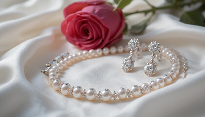 Luxury pearl necklace and sparkling diamond earrings displayed on soft ivory silk fabric, accompanied by a pink rose. Perfect for bridal themes, romantic occasions, or high-end jewelry showcases. Soft