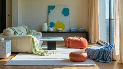 Generative AI, Modern High-Rise Living Room with Pop Art Decor