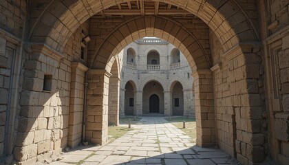 Fototapeta premium Stone Arches Framing a Courtyard with Balcony and Central Doorwa