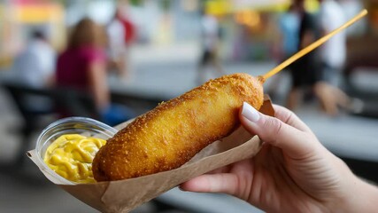 A tempting corn dog being held, accompanied by a side of creamy macaroni, perfect for fast food lovers and festival enthusiasts seeking a delicious treat.