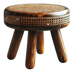 Round wood stool with woven rattan seat rustic accent furniture for home decor and seating...