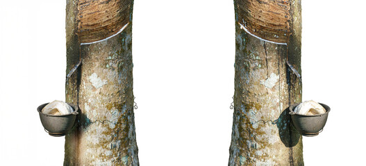 Close-up of rubber tree being tapped in rural Asian plantation, showing natural coagulated latex dripping into cup on white background, highlighting eco-friendly harvesting in tropical agriculture.