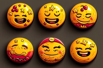 Fototapeta premium Six round, stylized, cartoon faces, decorated with stars and berries, exhibiting various emotions Each face sits atop a golden-yellow base