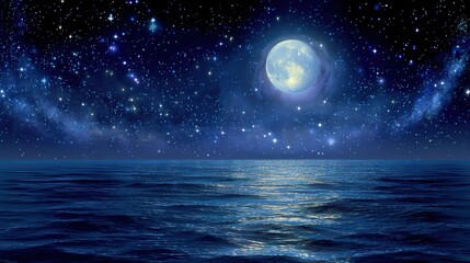 Fototapeta premium A bright full moon and countless stars illuminate a calm ocean at night, creating a serene and magical atmosphere.