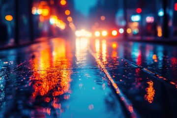 City street at night, wet pavement reflecting lights