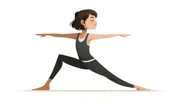 Woman in black yoga attire performs a warrior II pose against a white background. Simple, clean animation style.