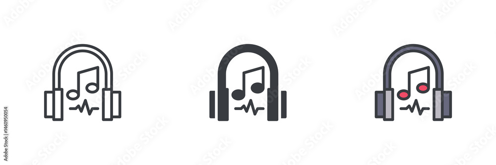 Poster headphones with musical notes and a sound wave different style icon set
