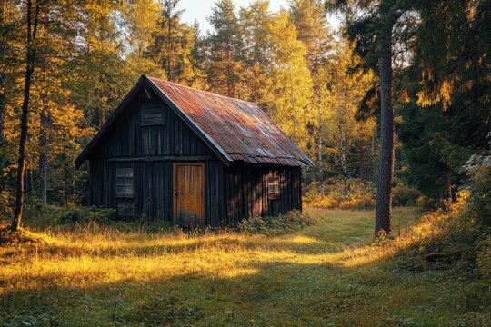 Rustic cabin in a golden autumn forest