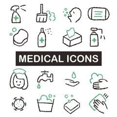 シンプルな医療・予防の手描き風アイコン素材セット｜うがい・マスク・手洗いのイラスト