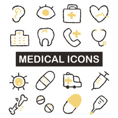 シンプルな医療機器・診察・検査の手描き風アイコン素材セット｜薬・聴診器・救急車のイラスト