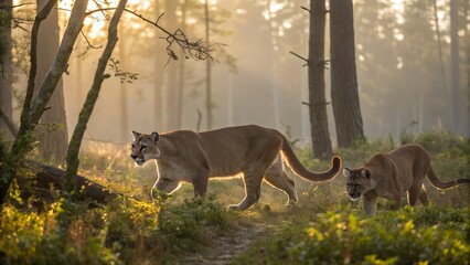 Powerful mountain lion captured in natural forest habitat, perfect for wildlife and nature lovers.. A family of caracals resting on the lawn.
