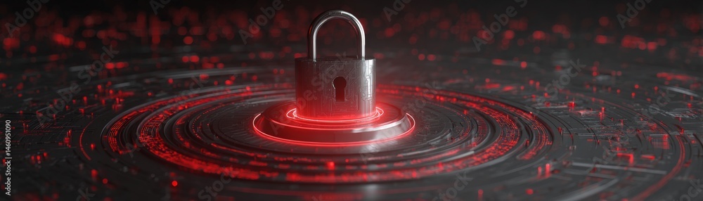 Aufkleber a metallic padlock sits at the center of a glowing red digital circuit, symbolizing cybersecurity an