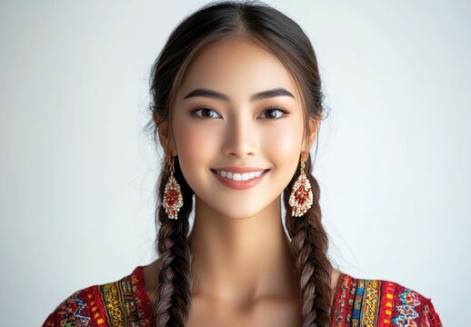 Portraits of woman in traditional clothing emphasize pride in cultural roots and authentic self expression, make her versatile for campaigns on diversity and heritage.