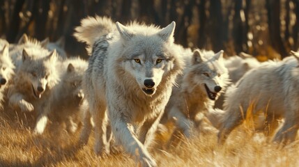 Obraz premium A pack of wolves running through a golden field in a forest, showcasing their strength and unity