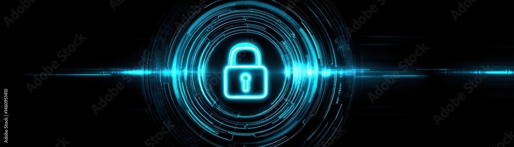 Poster a glowing padlock icon surrounded by digital blue circular lines, representing cybersecurity and dat