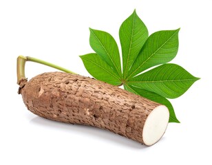 Cassava Root and Leaf on White Background