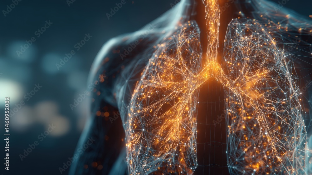 Poster digital visualization of human lungs showing illuminated neural and respiratory network connections.