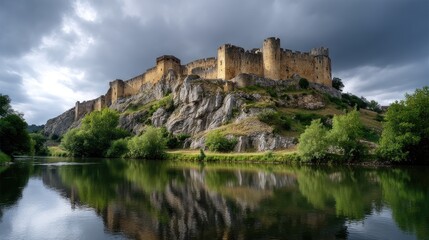 Fototapeta premium Majestic fortress reflected in tranquil waters.