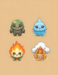 Obraz premium Adorable Elemental Spirits: Earth, Water, Fire, and Air Cute Cartoon Characters