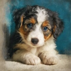 A  cute, tri-colored puppy portrait, digitally painted.