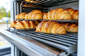 Freshly baked croissants stacked on metal racks in a commercial oven