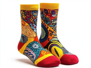 Two colorful patterned socks with yellow, red, and blue designs