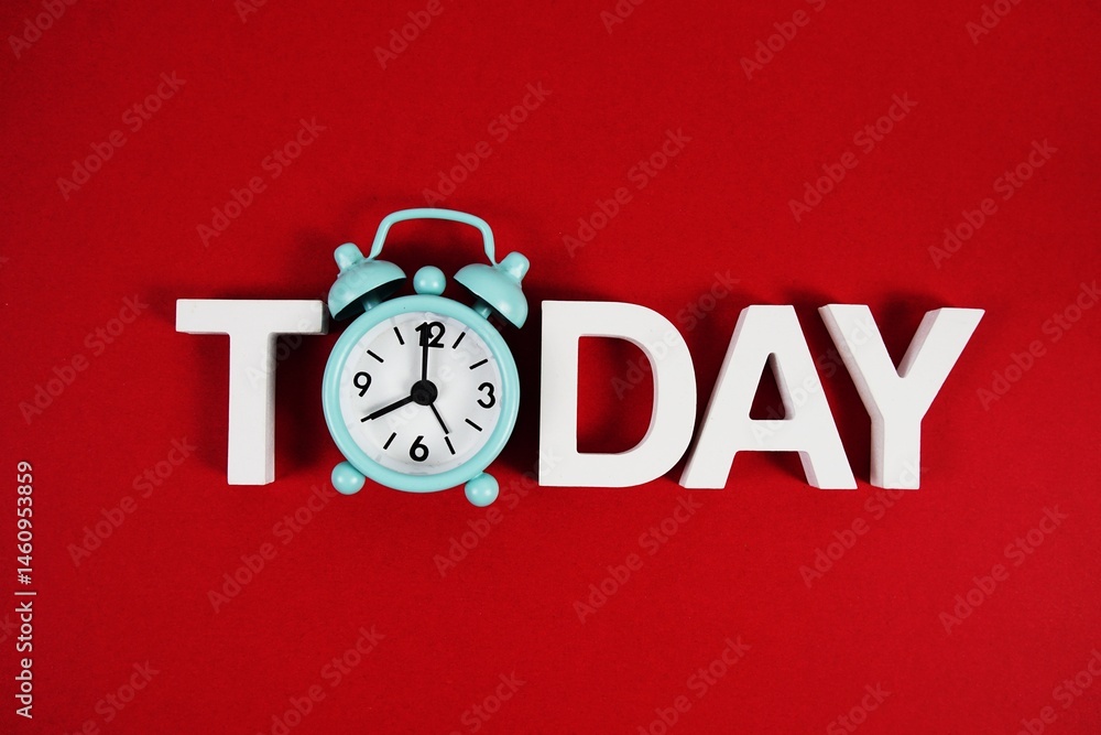 Poster today alphabet letters with alarm clock on red background